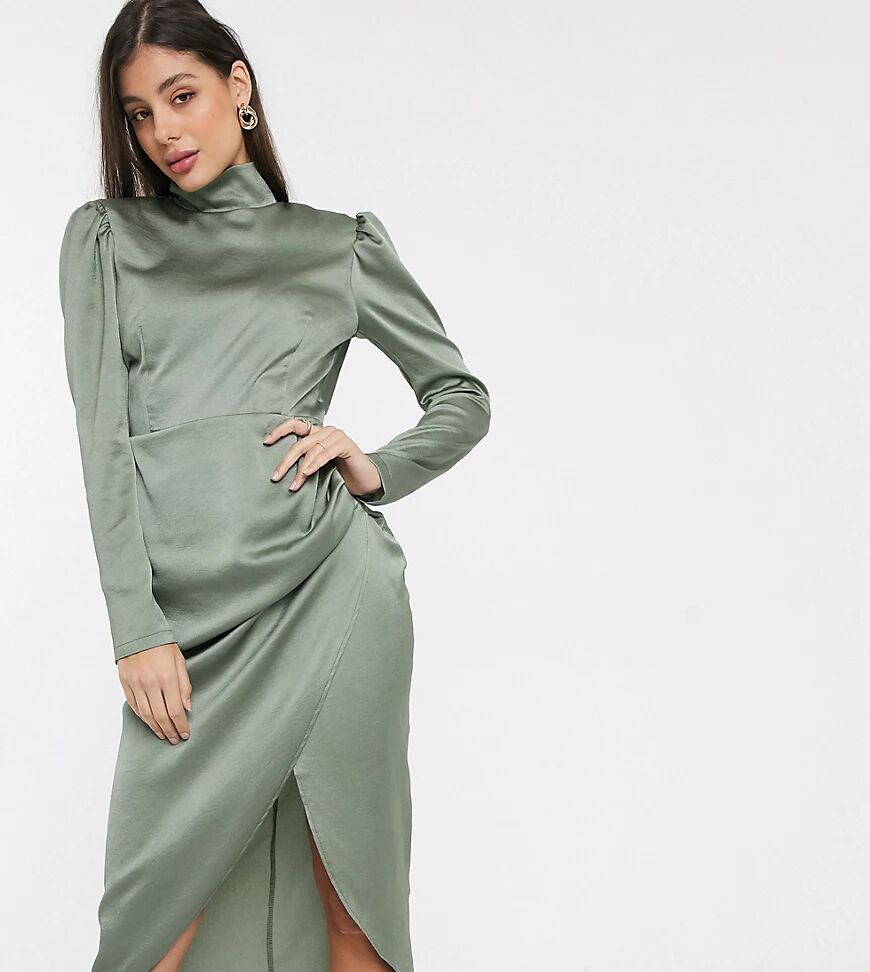 John Zack Tall high neck satin ruched side midi dress in khaki-Green  Green