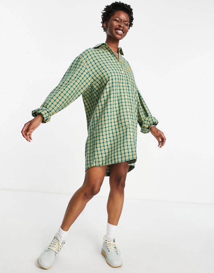Kickers oversized shirt dress with embroidered pocket logo in vintage check-Green  Green