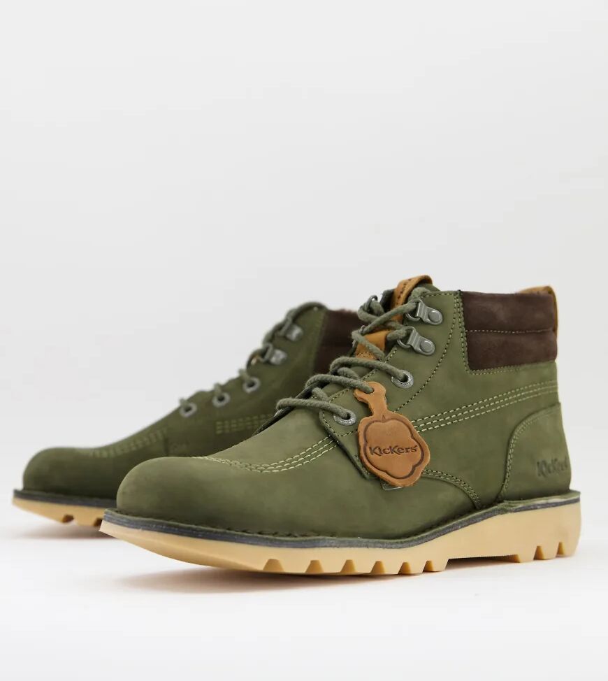 Kickerskick hi winter lace up boots in olive leather-Green  Green