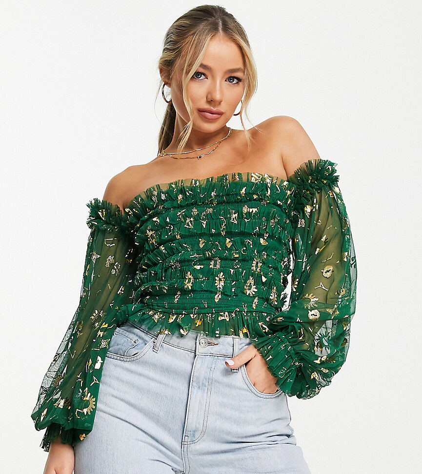 Lace & Beads exclusive off shoulder tulle top in emerald green zodiac  Green