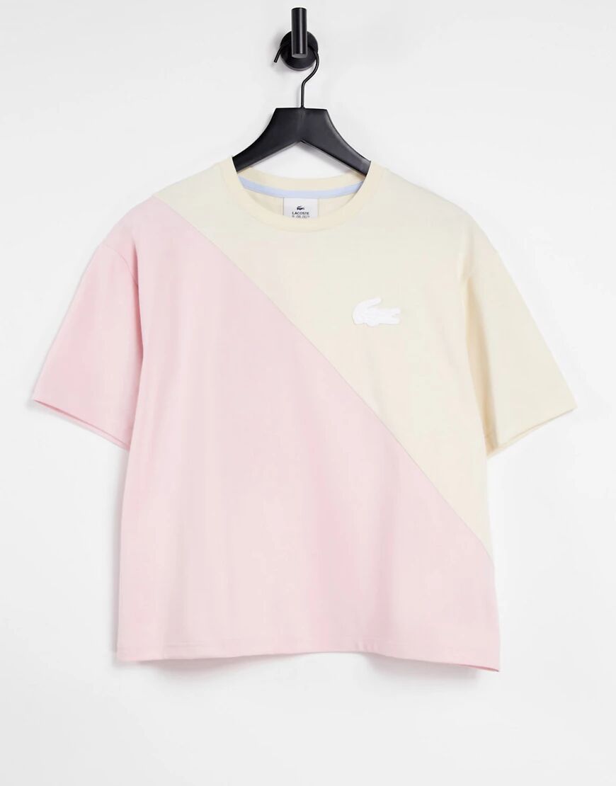 Lacoste spliced t-shirt in pink and cream-White  White