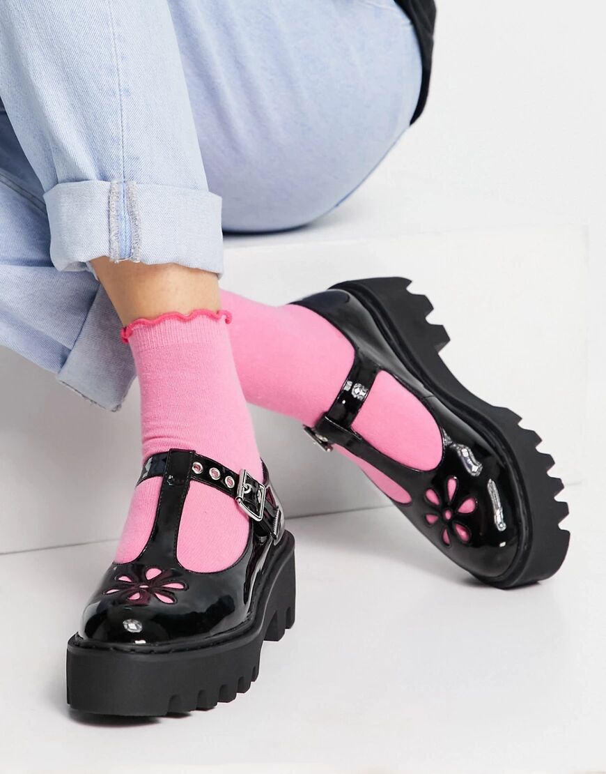 Lamoda chunky t-bar shoes in black patent  Black
