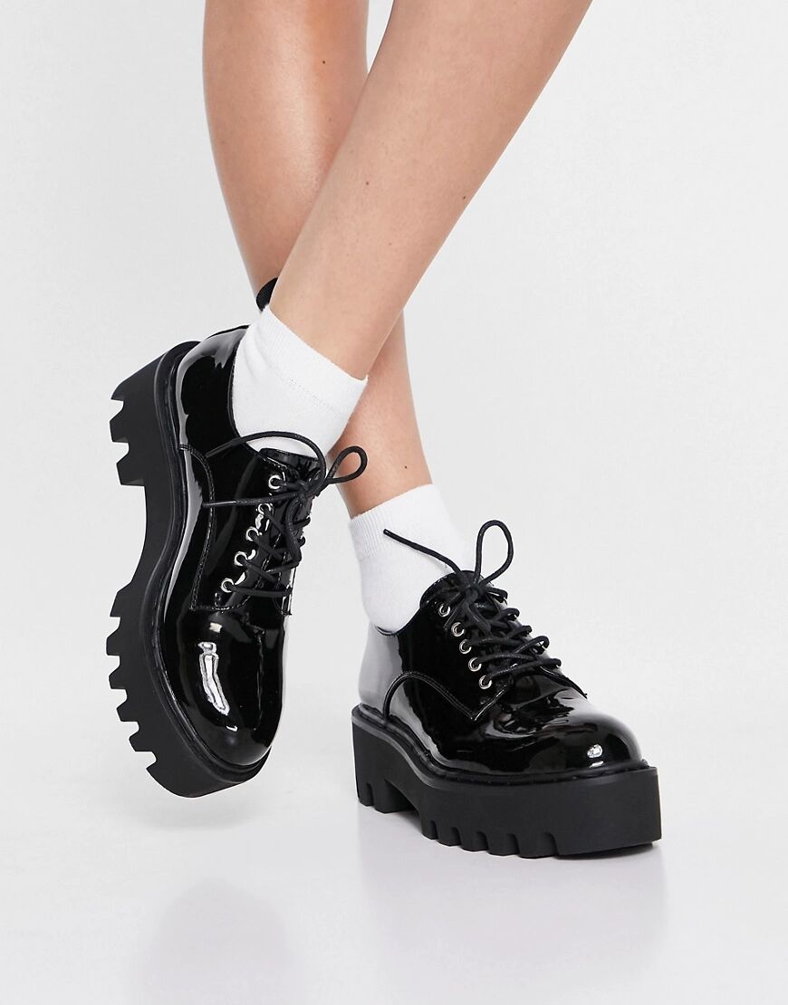 LAMODA Sweet Talk chunky lace up shoes in black patent  Black