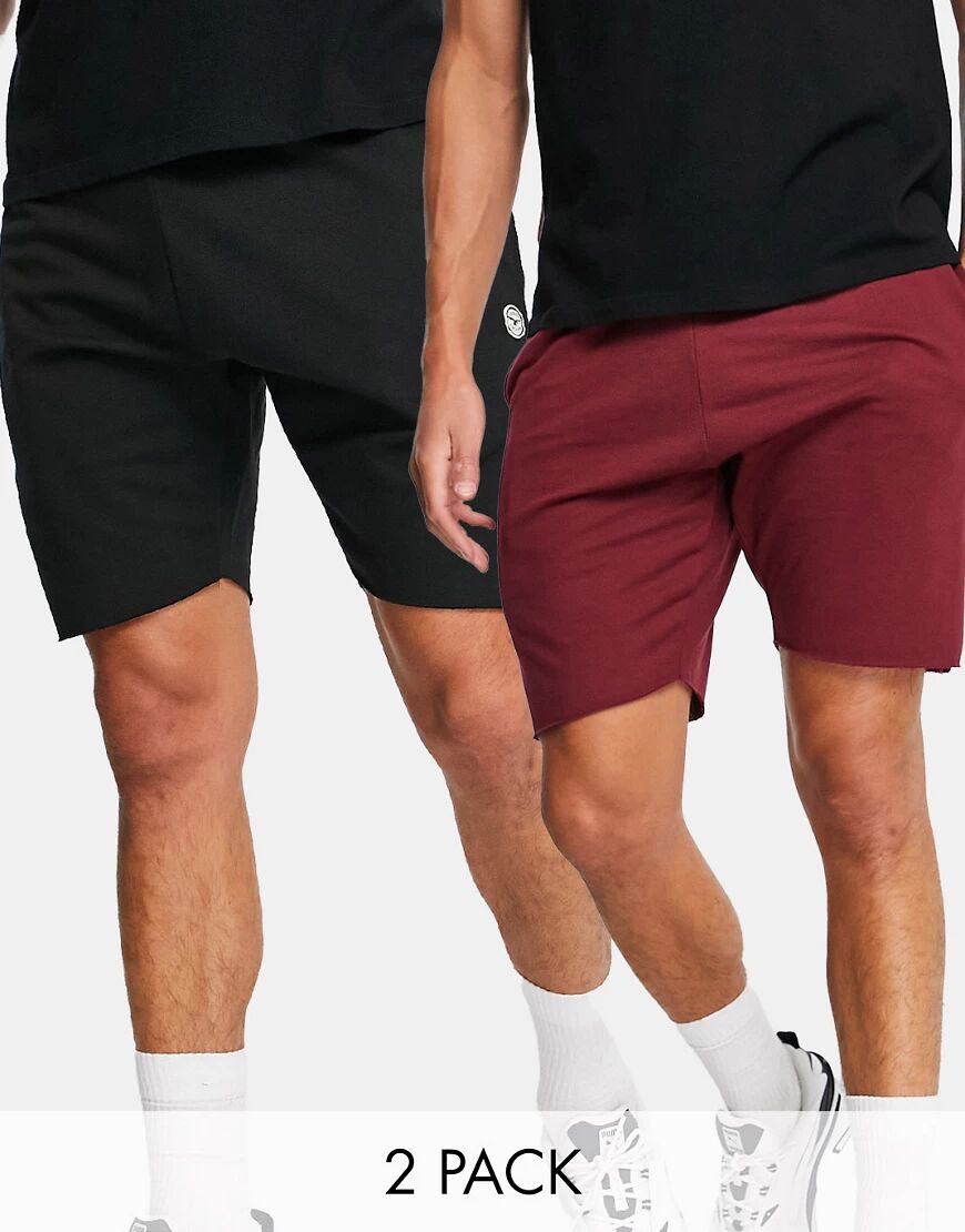 Le Breve 2 pack raw edge jersey shorts in black & burgundy  Black