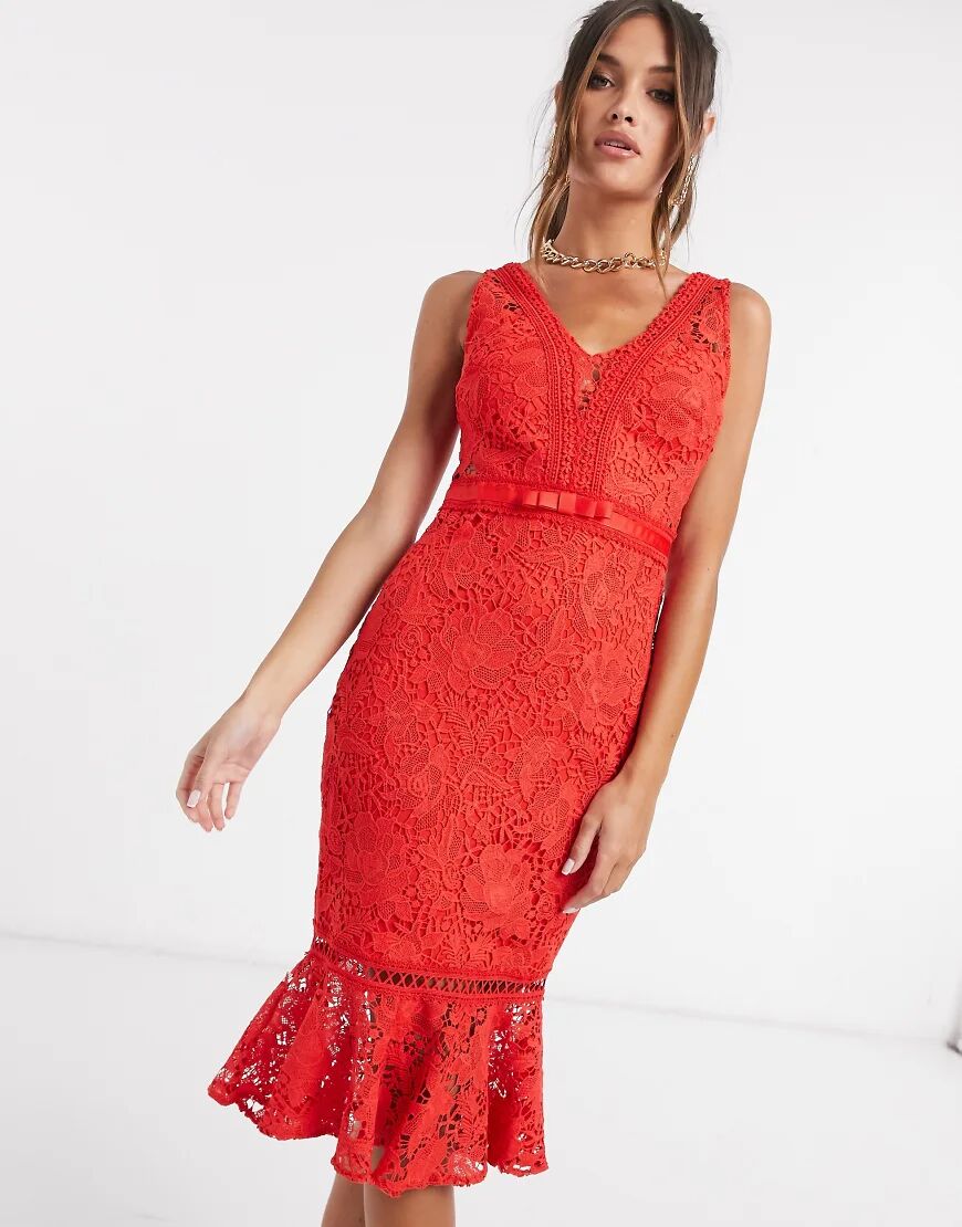 Lipsy lace bodycon dress with pephem in red  Red