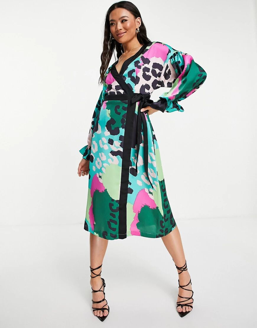 Liquorish balloon sleeve midi wrap dress in multi animal print  Multi