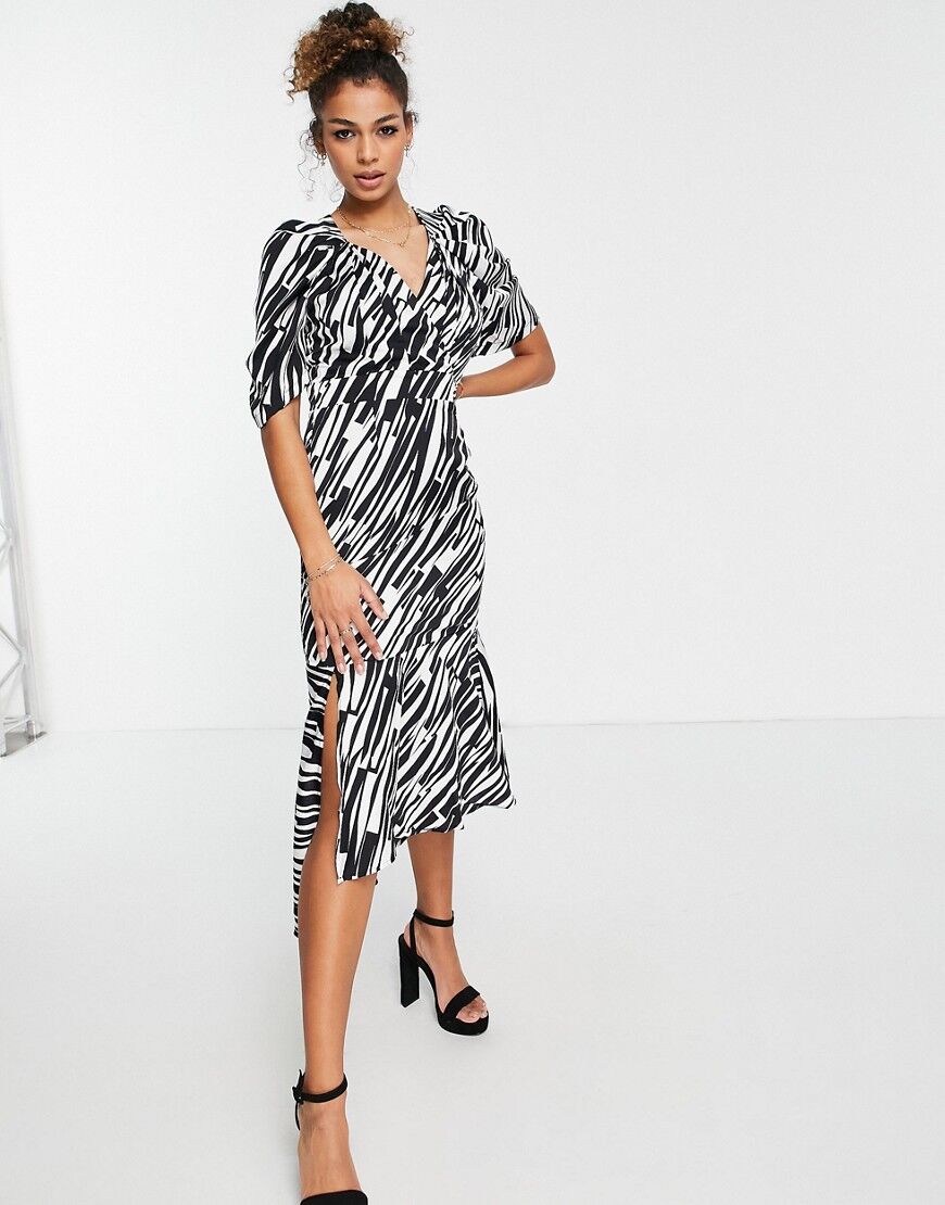 Liquorish midi dress with peplum hem in zebra print-Black  Black