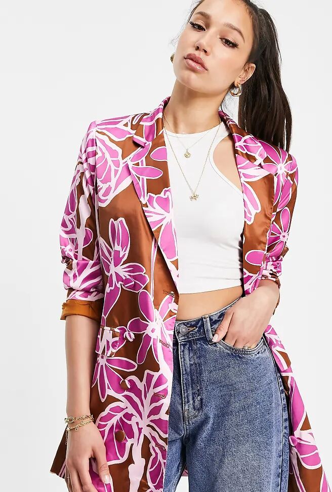 Liquorish Tall co-ord satin blazer in abstract floral print-Brown  Brown