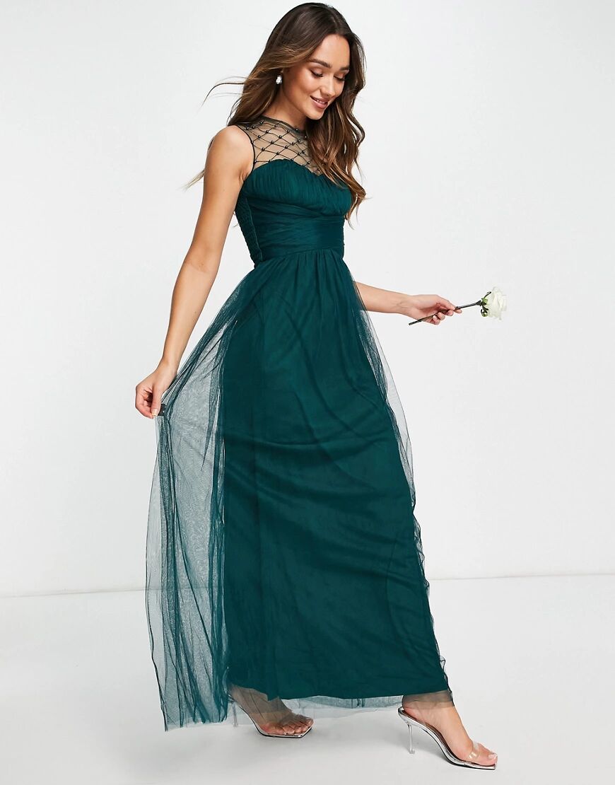 Little Mistress Bridesmaid embellished maxi dress in green  Green