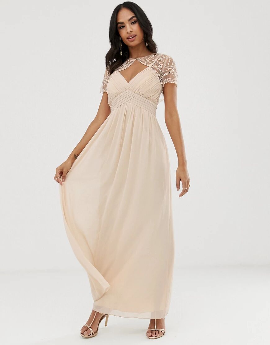 Little Mistress detachable embroidered mesh cape chiffon maxi dress-Neutral  Neutral