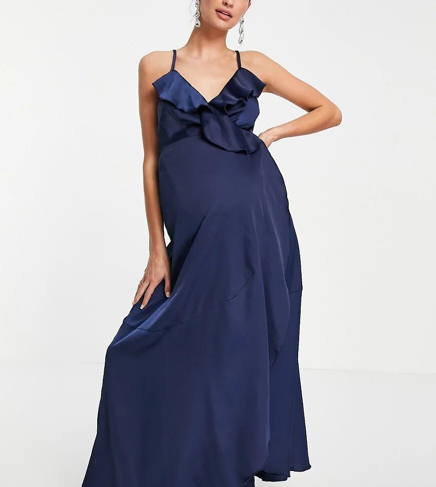 Little Mistress Maternity ruffle wrap midaxi satin dress in navy  Navy