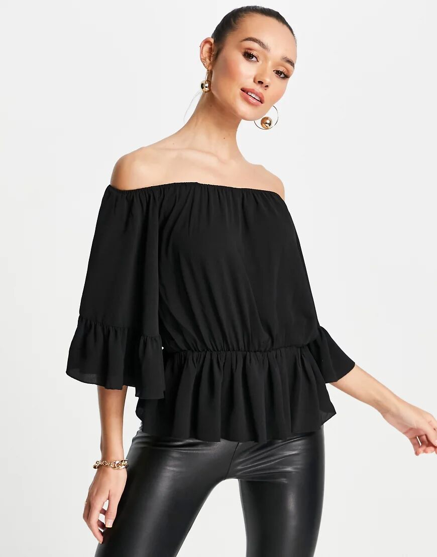 Little Mistress pearl detail bardot top in black  Black