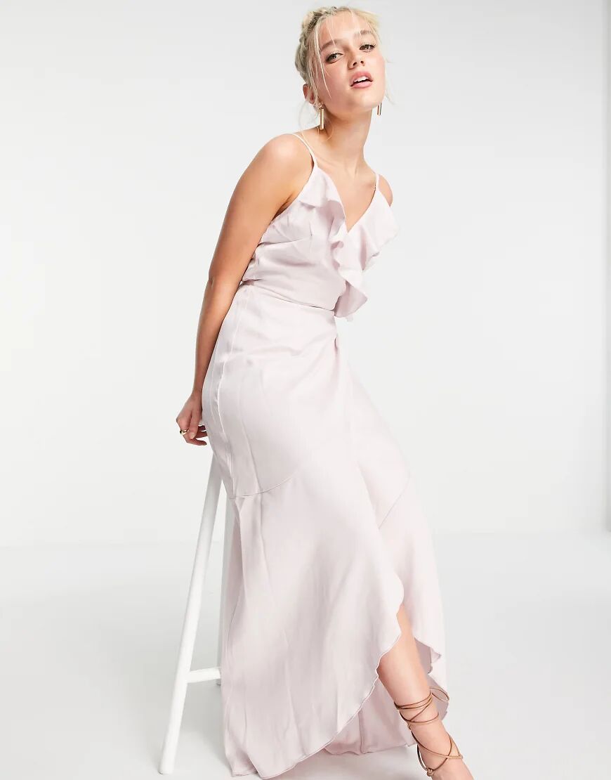 Little Mistress ruffle wrap midaxi satin dress in blush-Pink  Pink