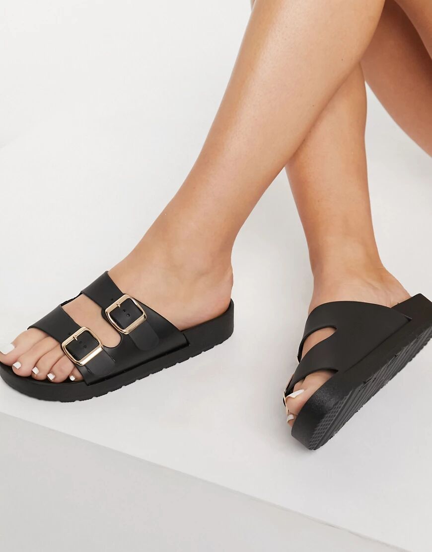 London Rebel double buckle footbed sandals in black  Black