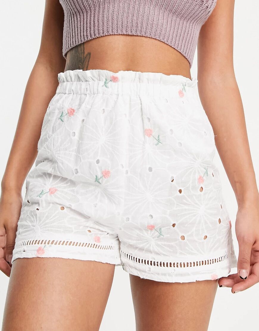 Lost Ink embriodered cherry high waist short in white  White