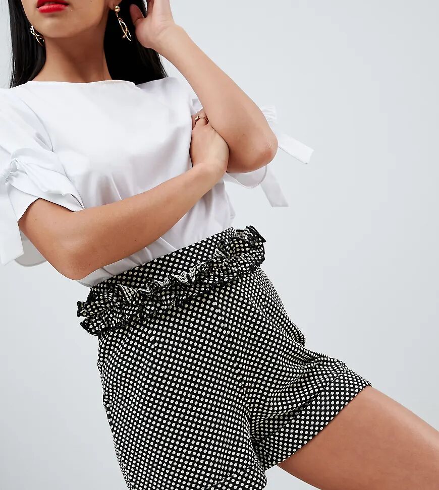 Lost Ink Petite Shorts With Ruffle Waist In Polka Dot-Black  Black