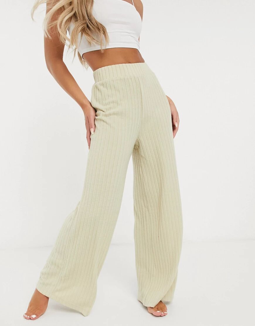 Loungeable mix & match soft knit rib wide leg trouser in oatmeal-Neutral  Neutral