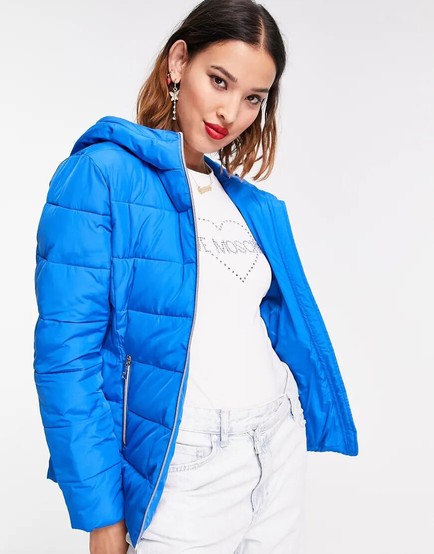 Love Moschino logo front hooded quilted jacket in blue  Blue