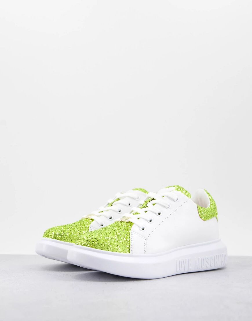 Love Moschino logo heart trainers in white glitter  White