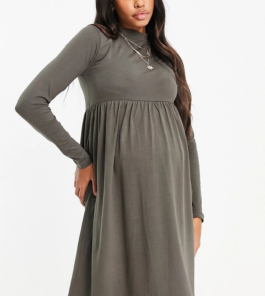 Mama.licious Mamalicious Maternity organic cotton long sleeve dress with funnel neck in brown  Brown