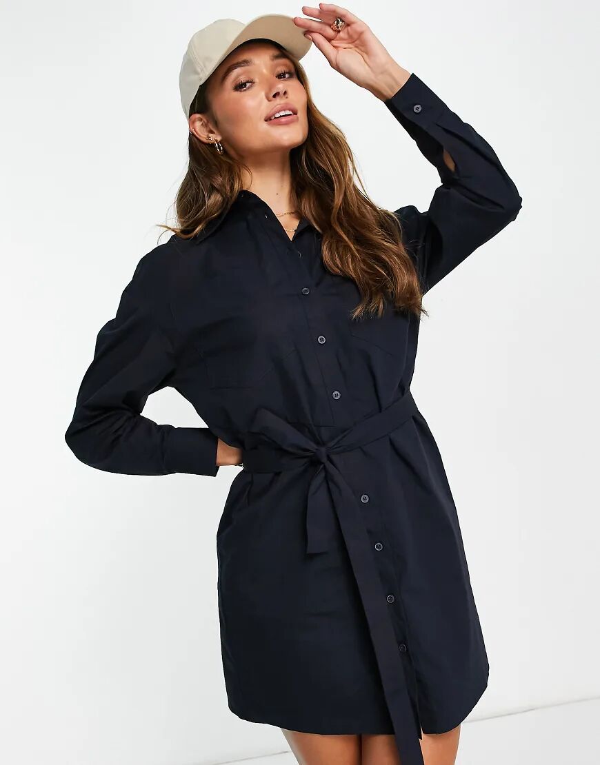 Mango button front dress with collar and belt in navy  Navy