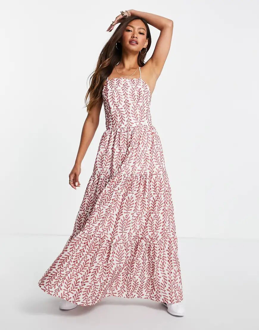 Mango lace up back floral printed maxi dress in red  Red