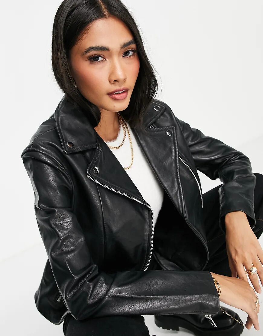 Mango leather biker jacket in black  Black