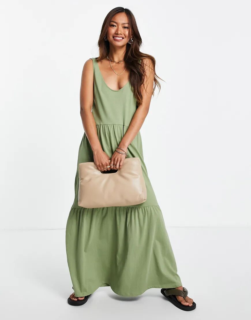 Mango tiered scoop neck smock vest dress in khaki-Green  Green