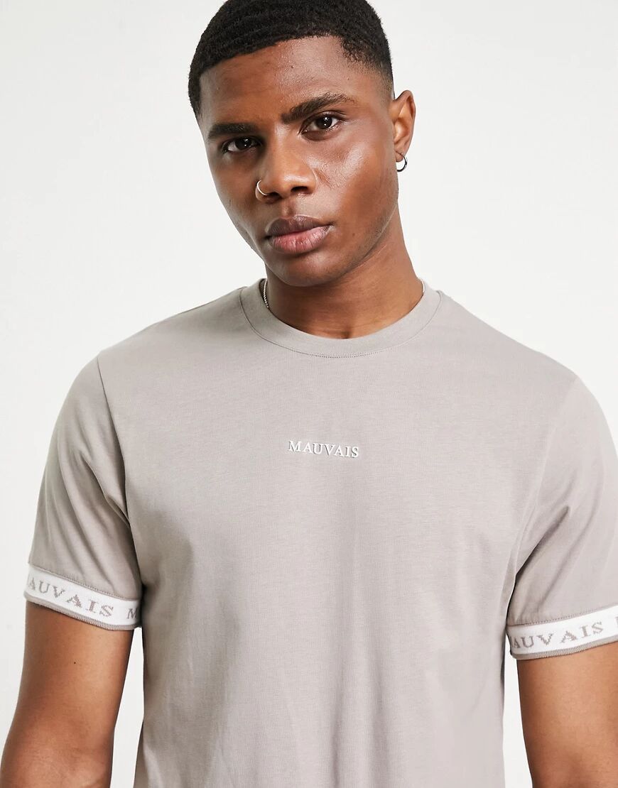 Mauvais neck tape detail t-shirt in taupe-Grey  Grey