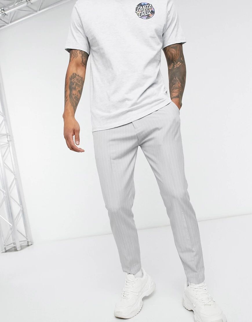 Mauvais pinstripe trousers with logo webbed belt in grey  Grey