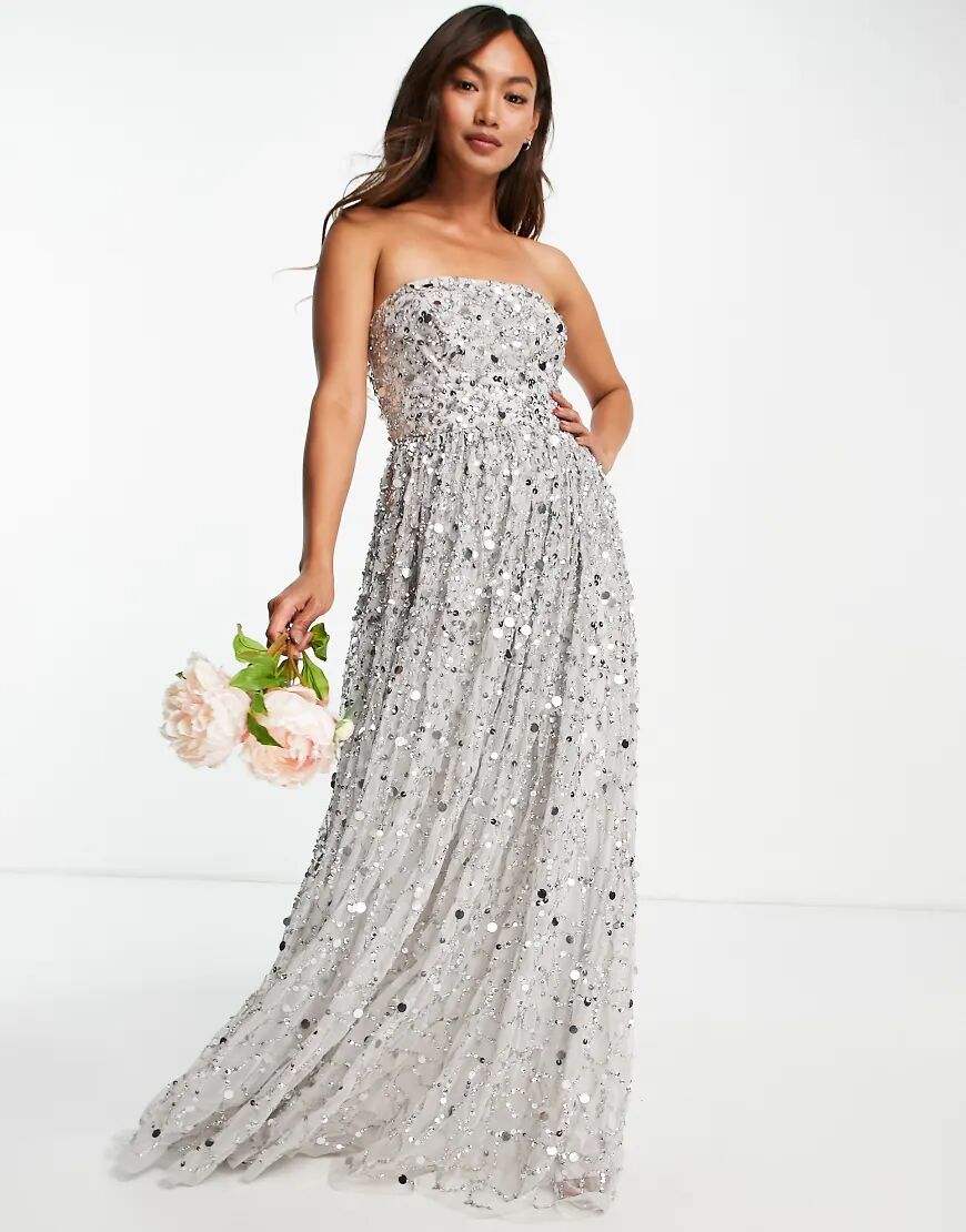 Maya Bridesmaid maxi bandeau wedding dress in all over 3D soft grey sequins  Grey