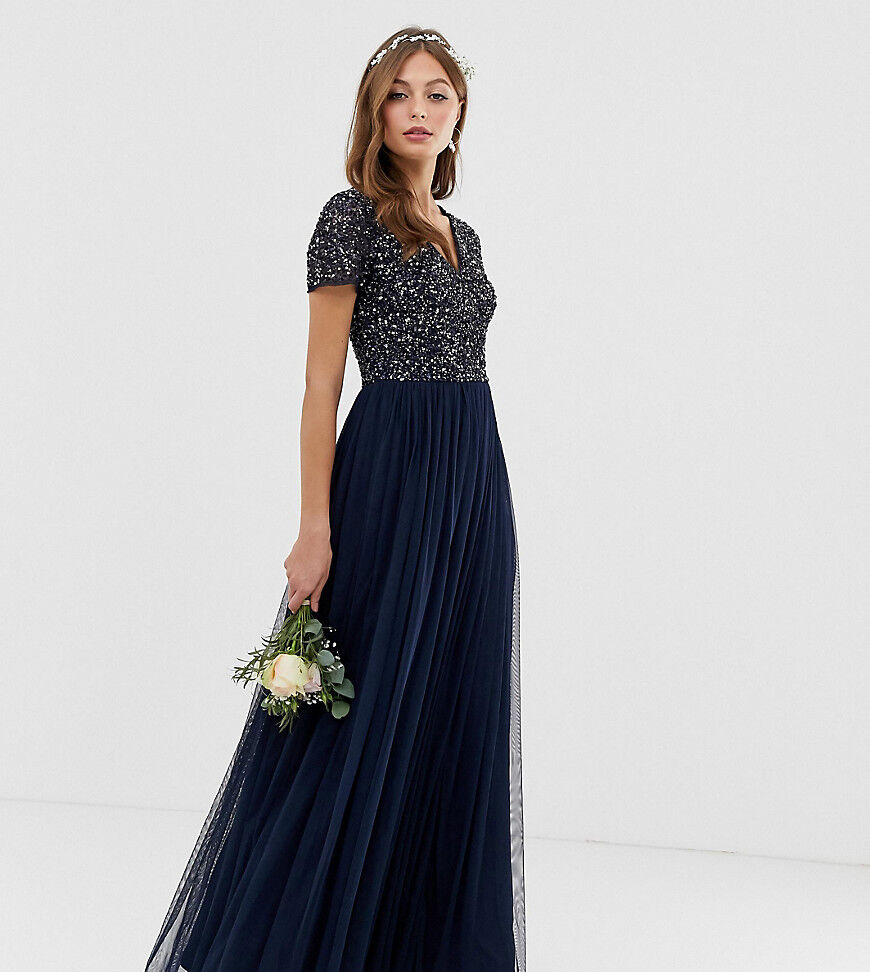 Maya Bridesmaid v neck maxi tulle dress with tonal delicate sequins in navy  Navy