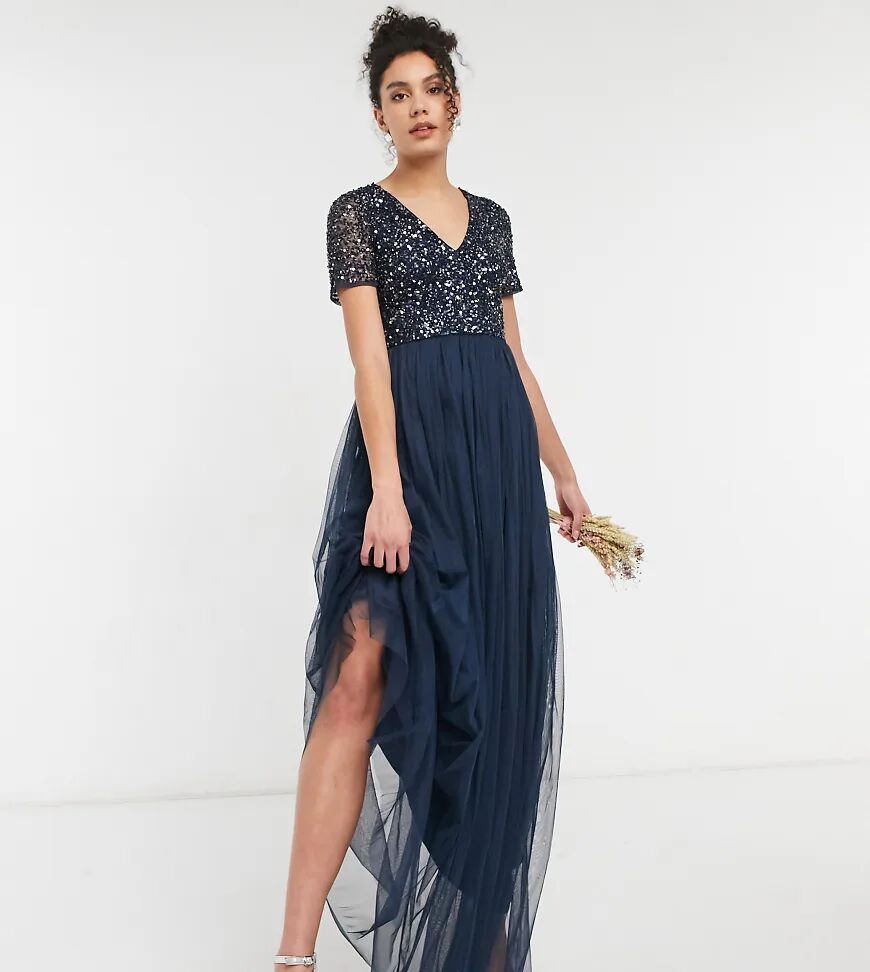 Maya Tall Bridesmaid v neck maxi tulle dress with tonal delicate sequin in navy  Navy