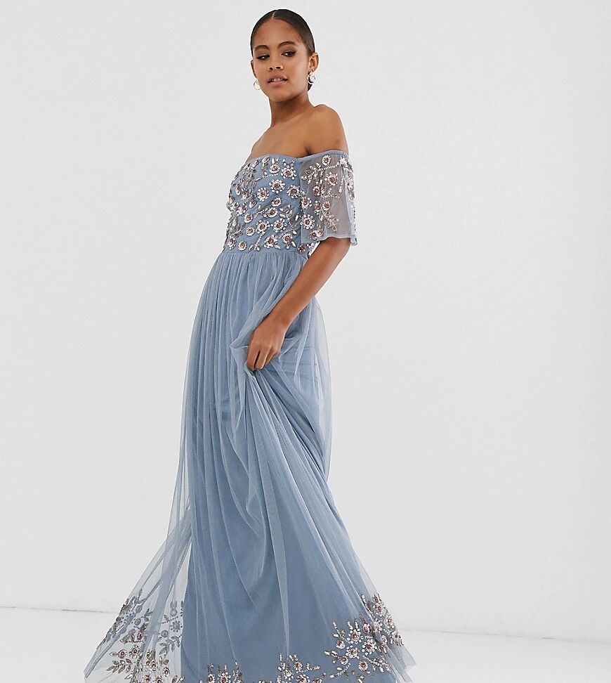 Maya Tall embellished bodice bardot maxi dress in dusty blue  Blue