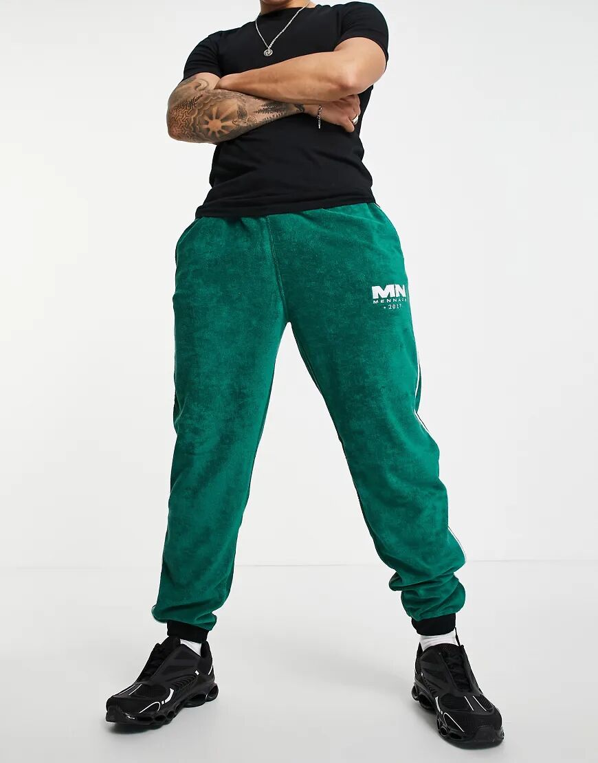 Mennace joggers co-ord in green towelling with side stripe and zipped hem  Green