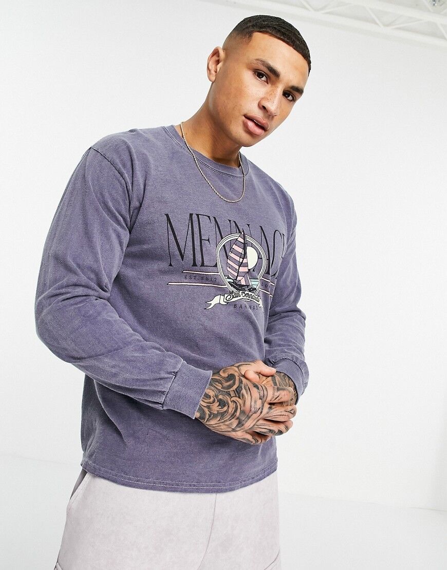 Mennace long sleeve t-shirt in dusty blue with placement print  Blue