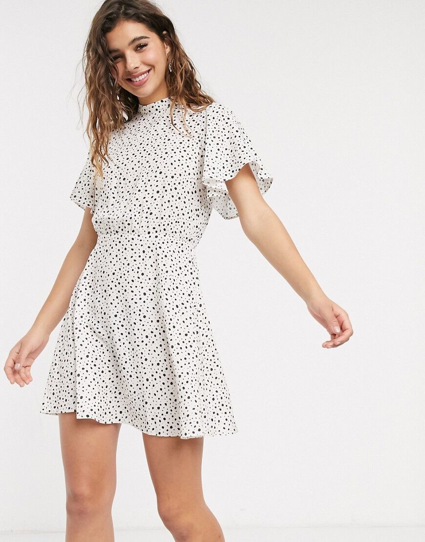 Miss Selfridge high neck mini tea dress in nude spot-White  White