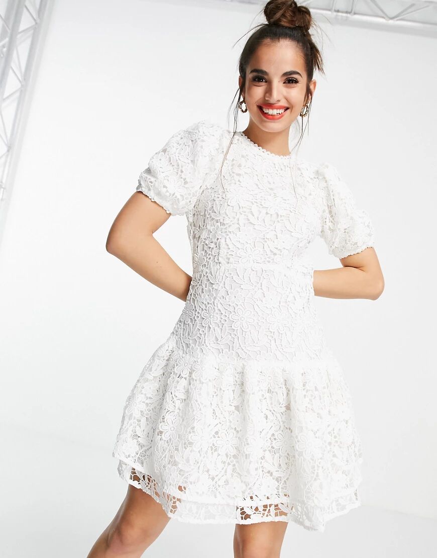 Miss Selfridge lace puff sleeve mini dress in white  White