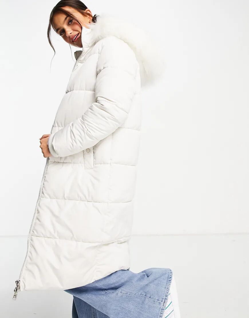 Miss Selfridge longline maxi puffer coat in ivory-White  White