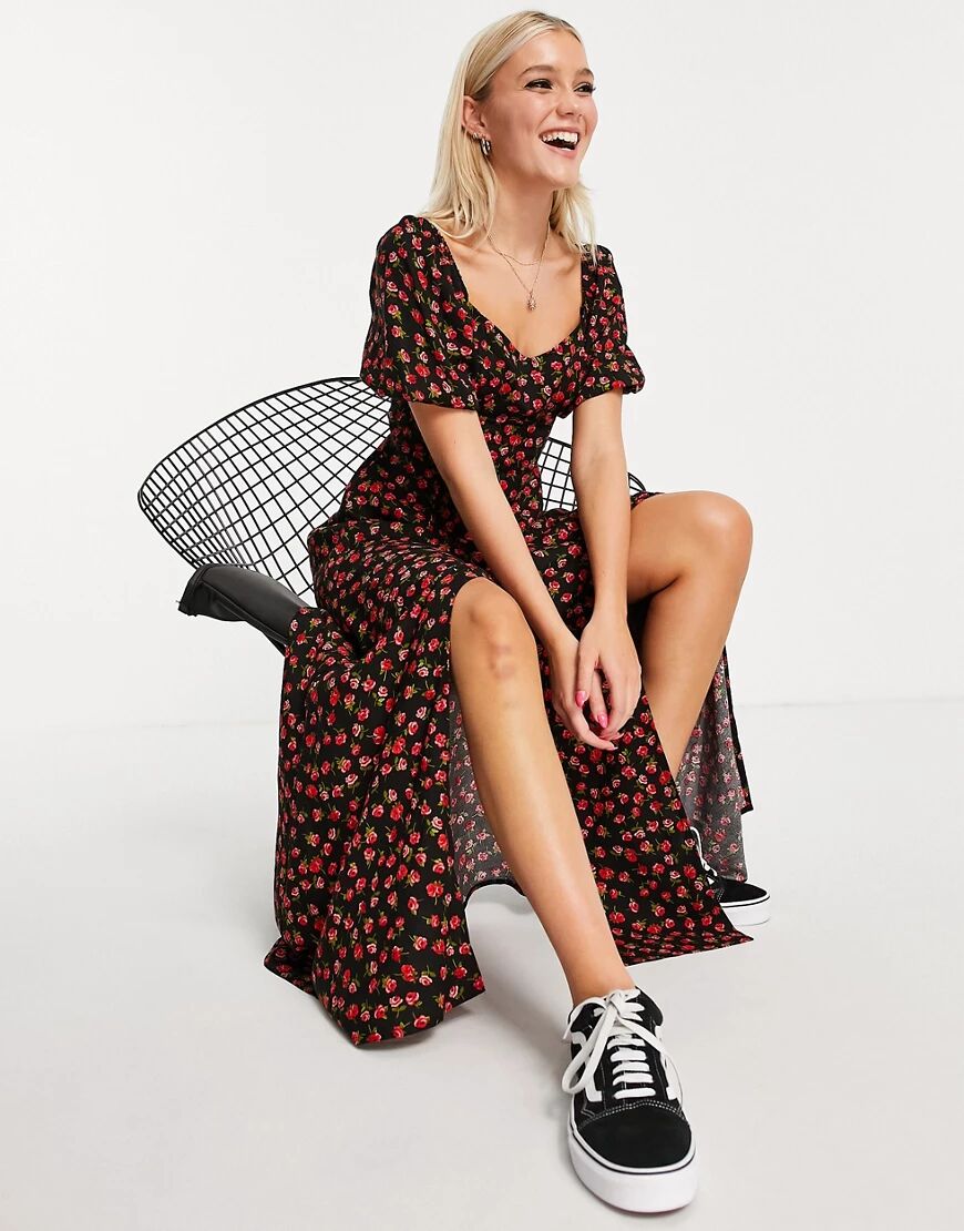 Miss Selfridge puff sleeve midi dress in rose print-Black  Black