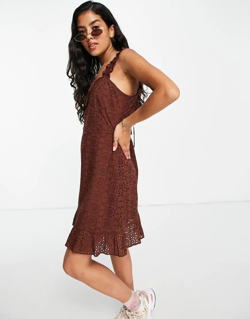 Miss Selfridge ruffle strap broderie mini dress in chocolate-Brown  Brown