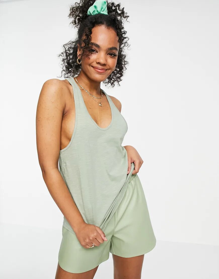 Miss Selfridge sleeveless drop armhole vest top in khaki-Green  Green