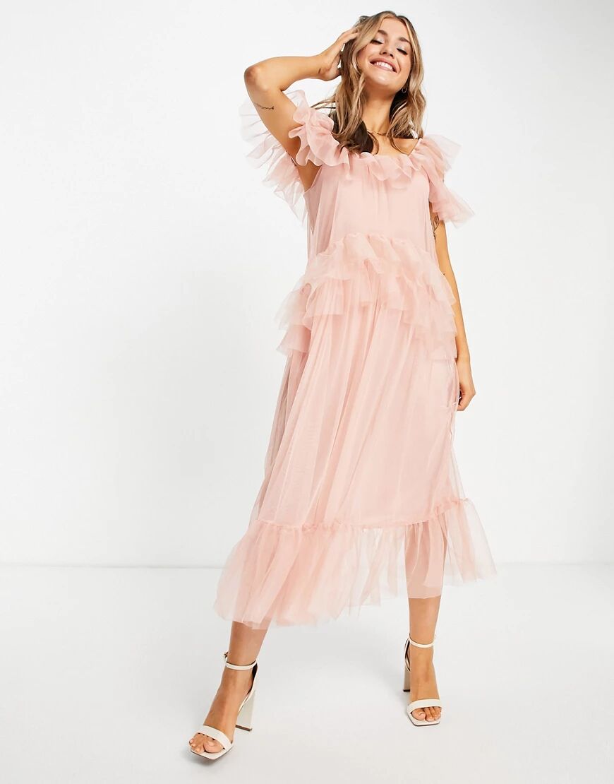 Miss Selfridge tulle midi dress in pink  Pink