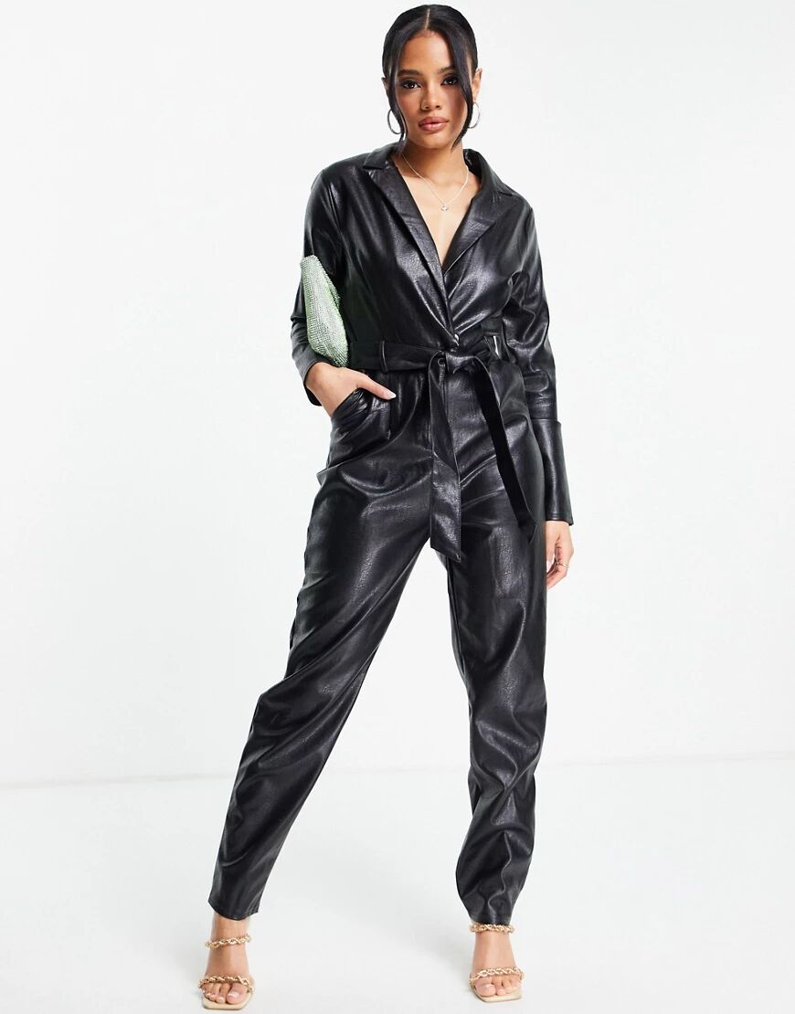 Missguided faux leather long sleeve wrap jumpsuit with collar in black  Black