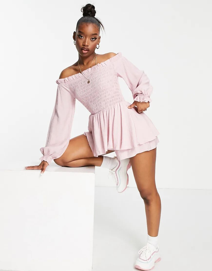 Missguided frill detail bardot shirred playsuit in pink  Pink