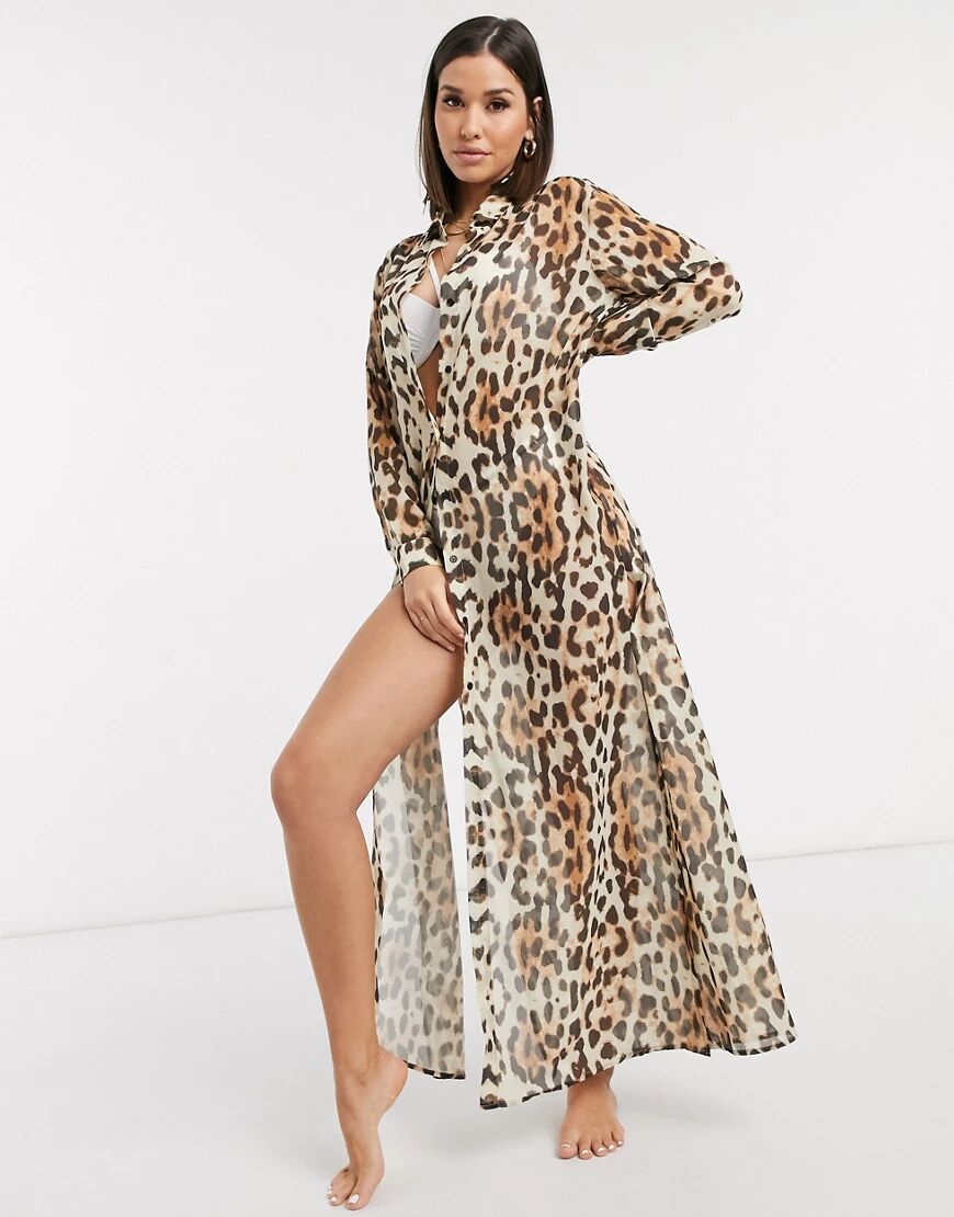 Missguided leopard print maxi beach shirt-Multi  Multi
