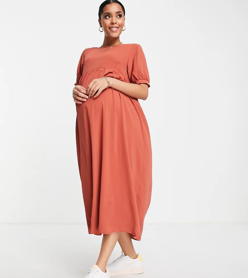 Missguided Maternity puff sleeve midi smock dress in rust-Orange  Orange