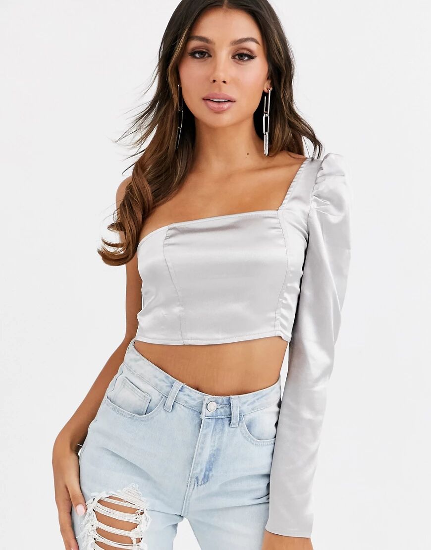 Missguided one shoulder square neck crop top in silver  Silver