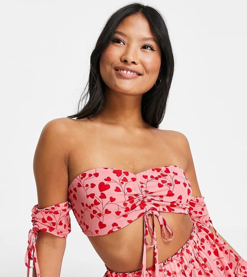 Missguided Petite co-ord heart print bardot crop top in pink  Pink