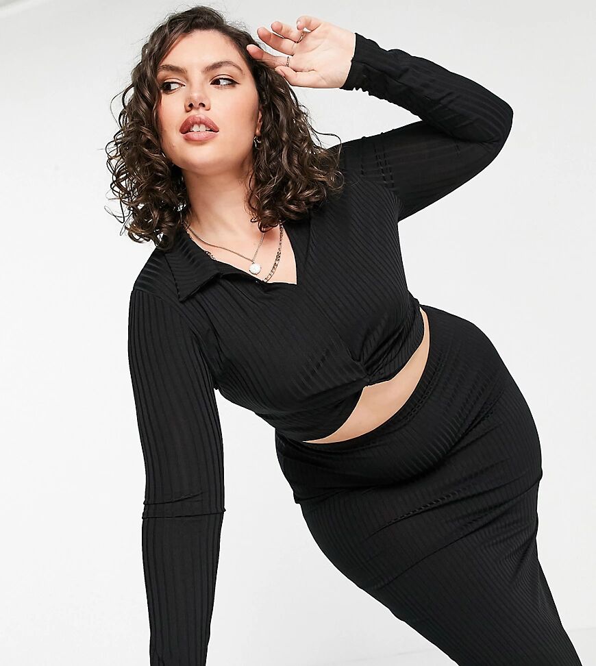 Missguided Plus co-ord twist front polo top in black  Black